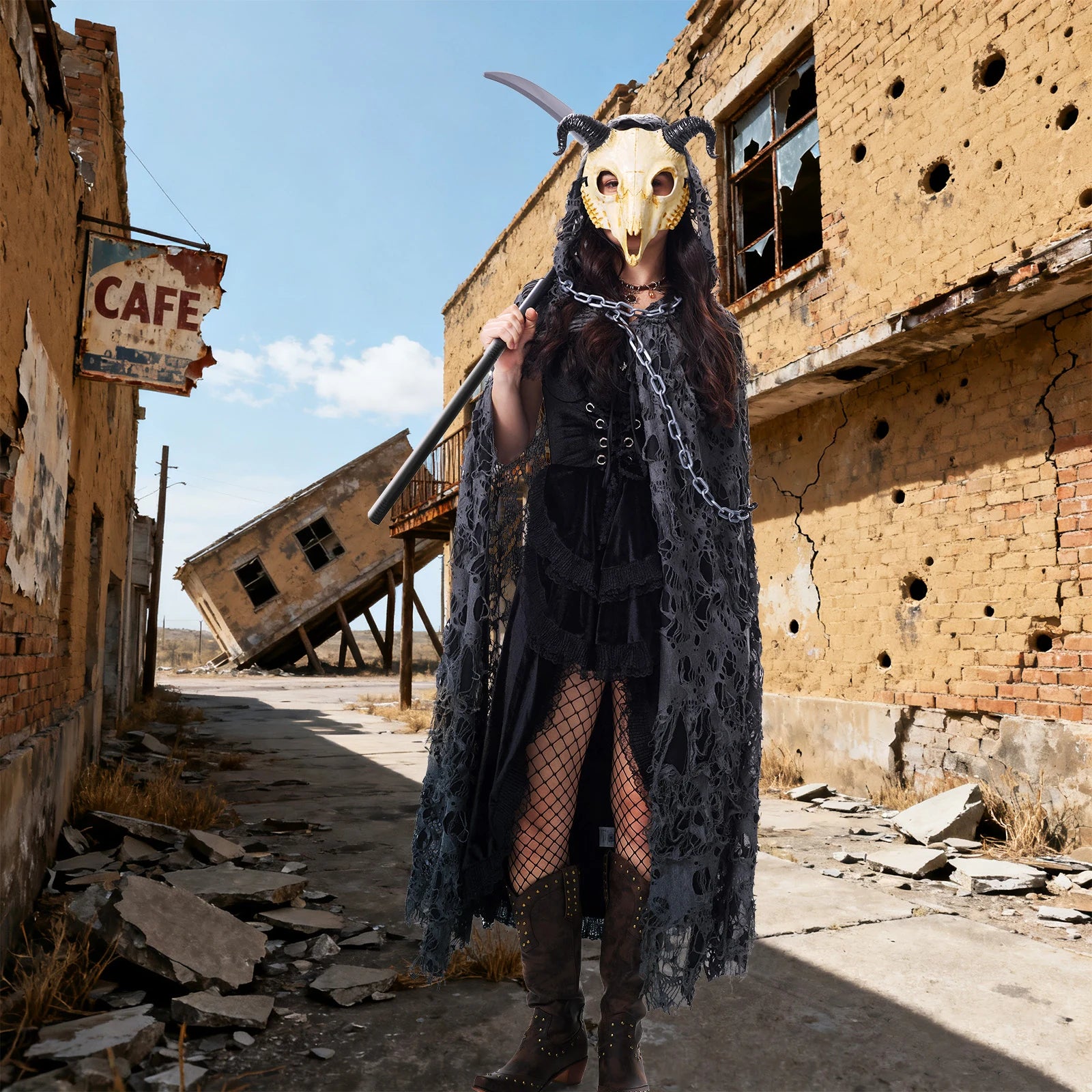 Hooded cape costume for women in a dark gothic fantasy photoshoot setting