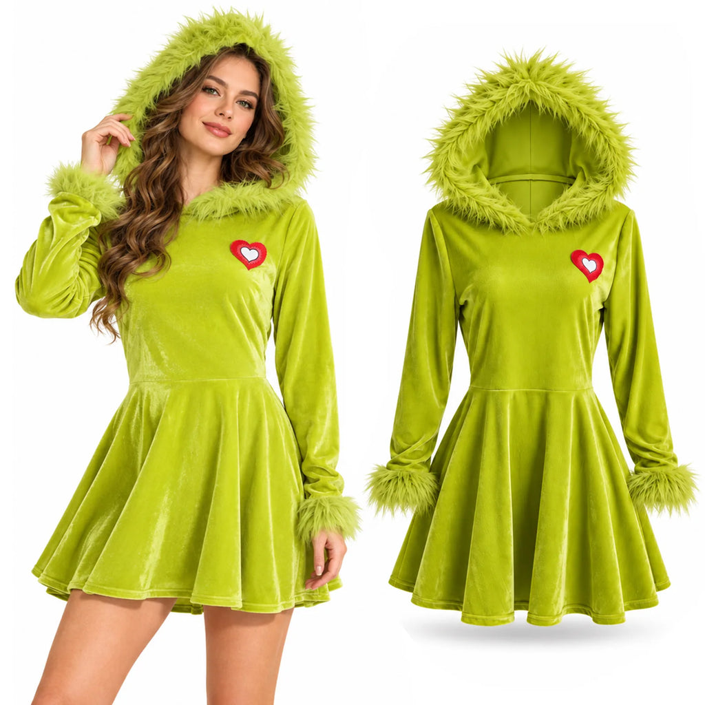 Close view of green hooded Christmas dress bodice beside the garment with fluffy cuffs