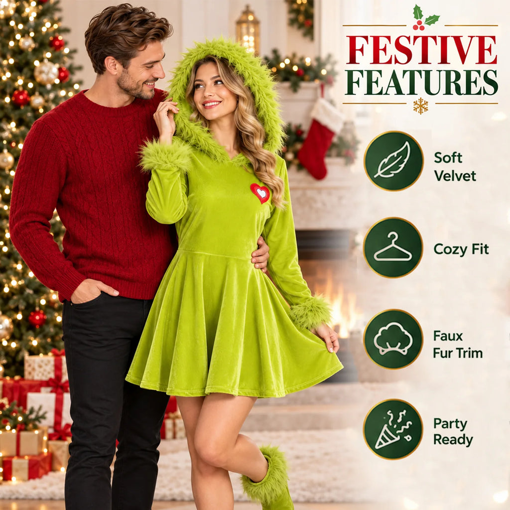 Green hooded Christmas dress festive feature graphic showing heart patch trim and flared skirt