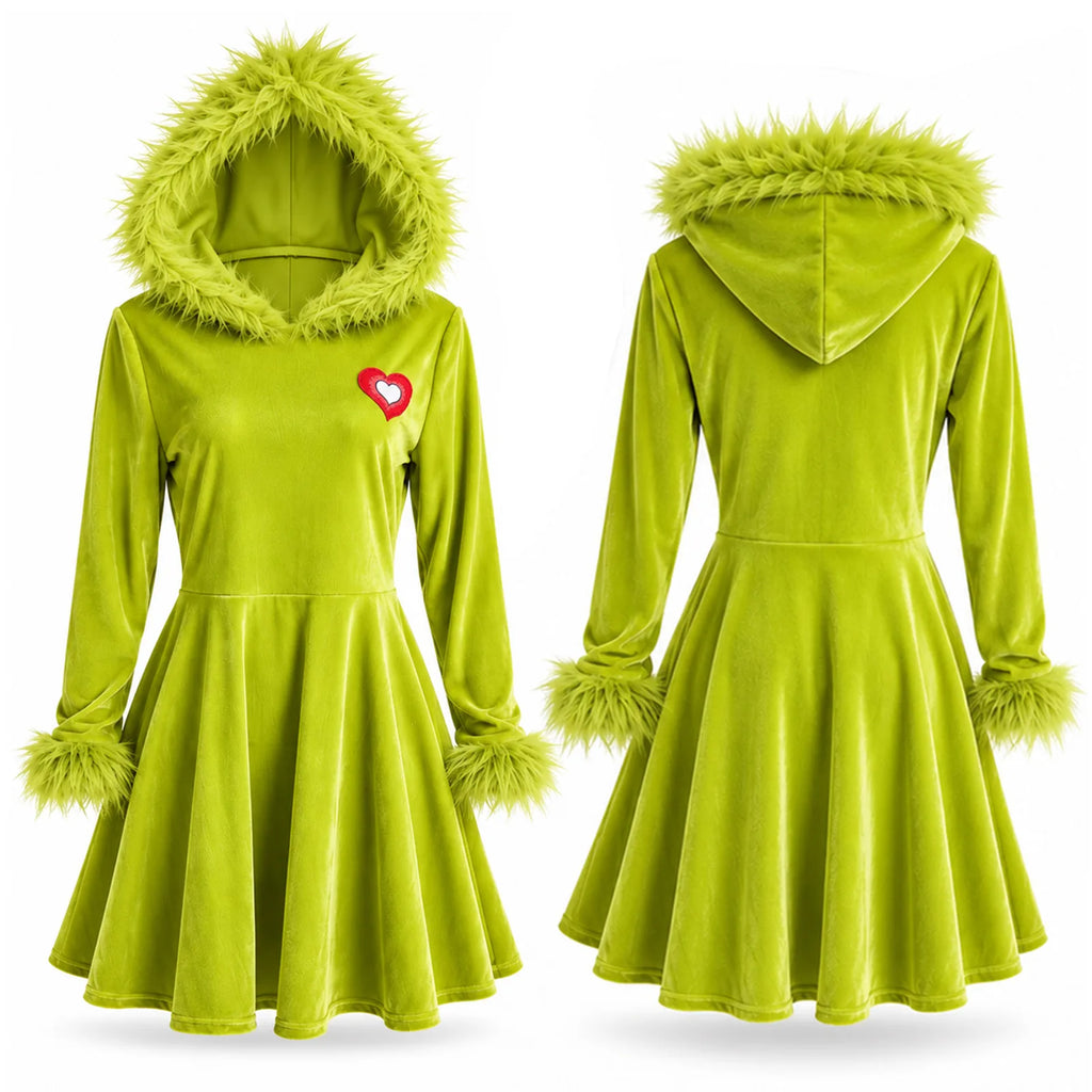 Front and back garment views of green hooded Christmas dress with fluffy sleeve cuffs