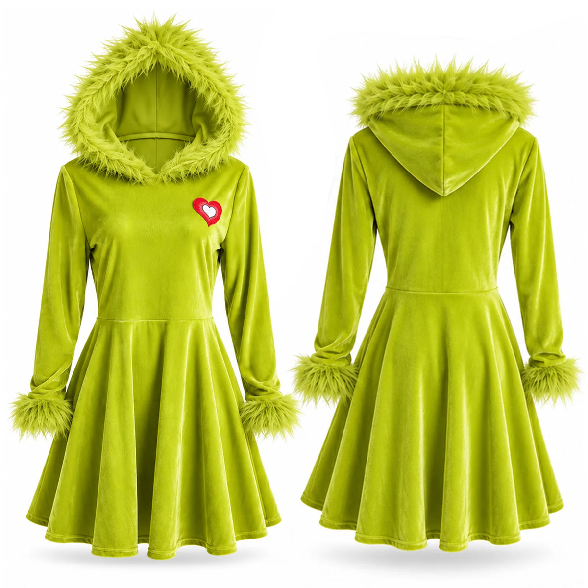 Front and back garment views of green hooded Christmas dress with fluffy sleeve cuffs