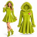 Green hooded Christmas dress shown on a model beside the full garment with heart patch