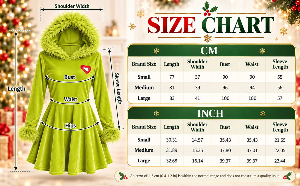 Green hooded Christmas dress size chart showing S M L length bust waist shoulder and sleeve measurements