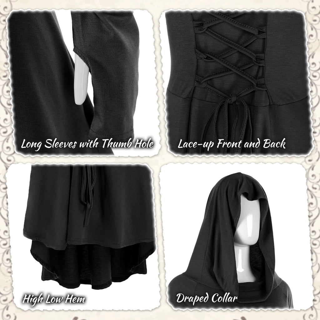 Detail views of thumb holes, lace-up panels, high-low hem and draped hood