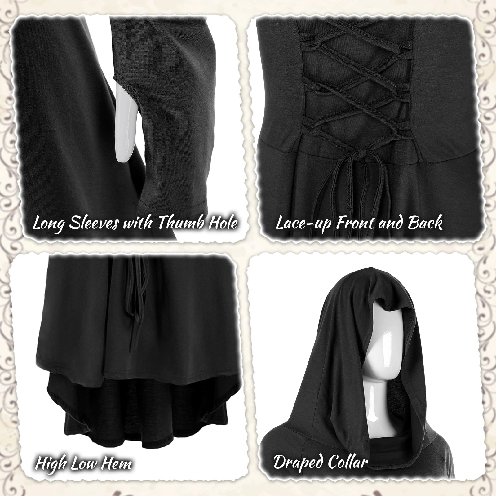 Detail views of thumb holes, lace-up panels, high-low hem and draped hood