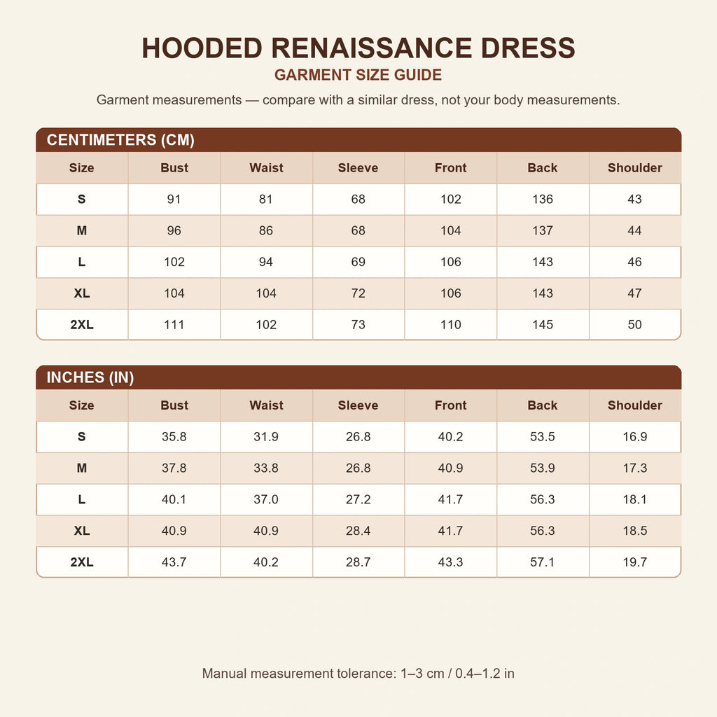 Square garment size chart for black hooded Renaissance dress in sizes S through 2XL