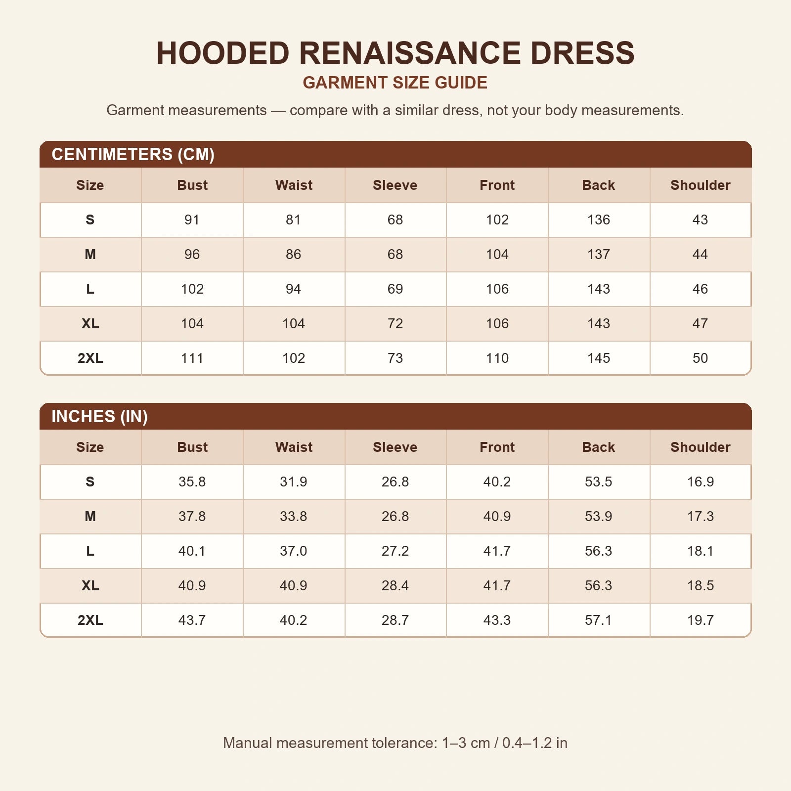 Square garment size chart for black hooded Renaissance dress in sizes S through 2XL