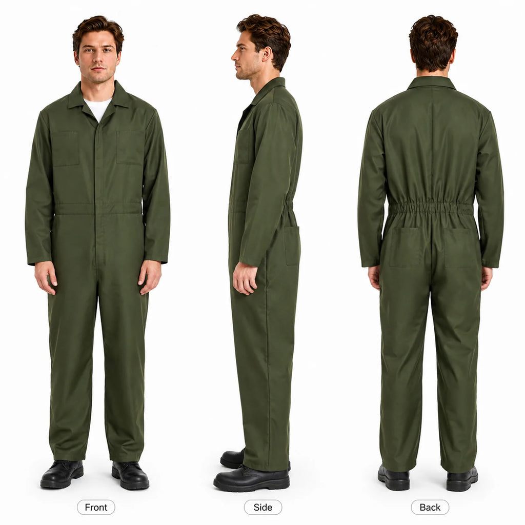 Army green horror coveralls front, side and back views