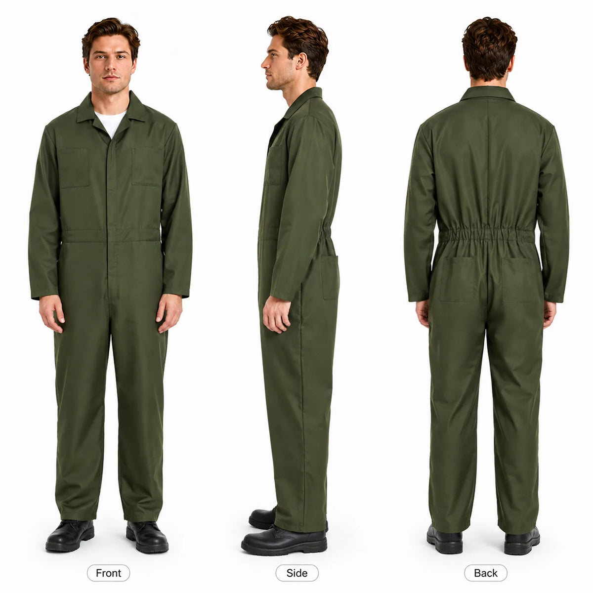 Army green horror coveralls front, side and back views