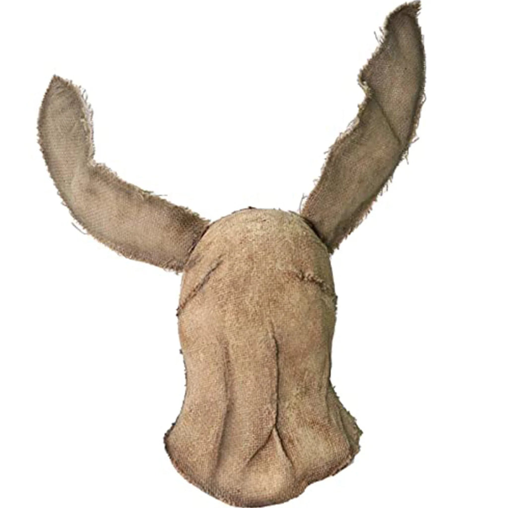 Horror rabbit mask is shown in side profile, with the long ears, distressed burlap, stitched face and exposed teeth visible.