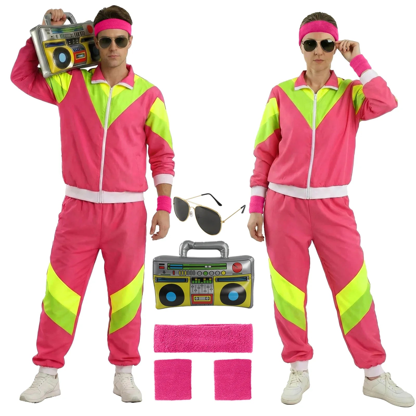 Adult wearing the Hot Pink Accessory Set 80s retro tracksuit costume in a full-length front view.