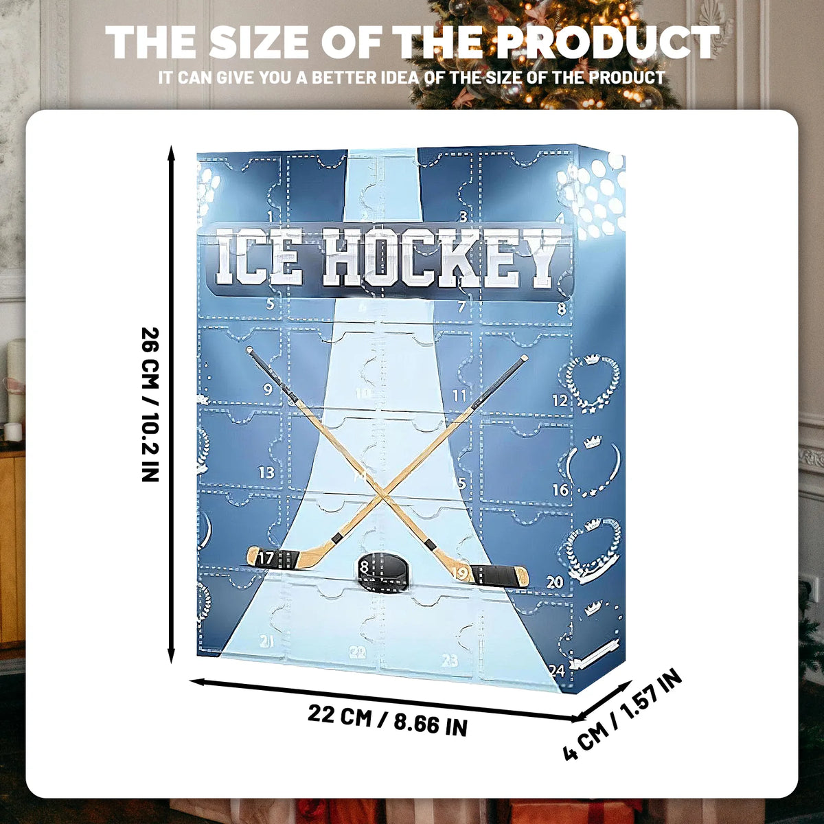Ice hockey advent calendar box showing height, width and depth measurements beside numbered doors.