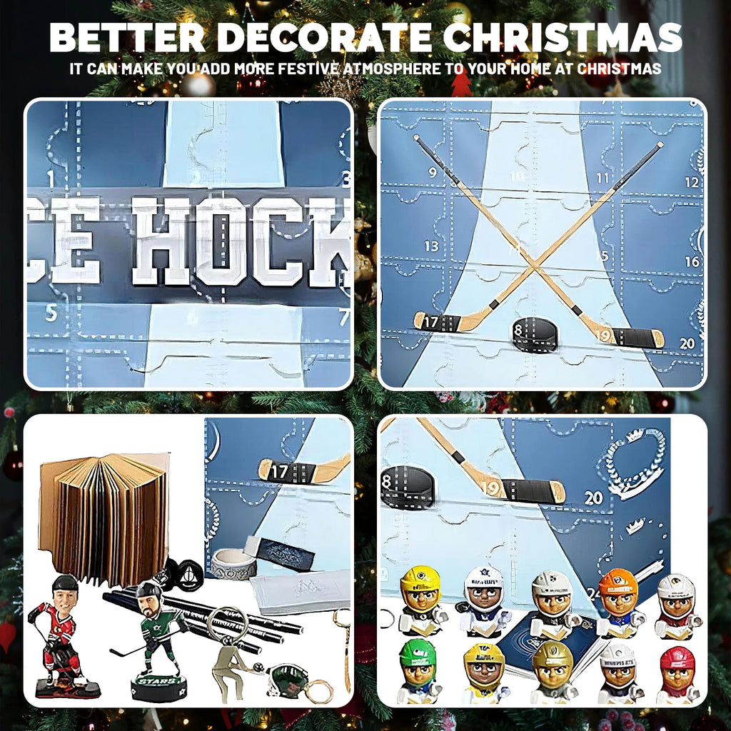 Close-up collage showing numbered hockey calendar doors, Dallas Stars-inspired miniatures and decorative scene props.