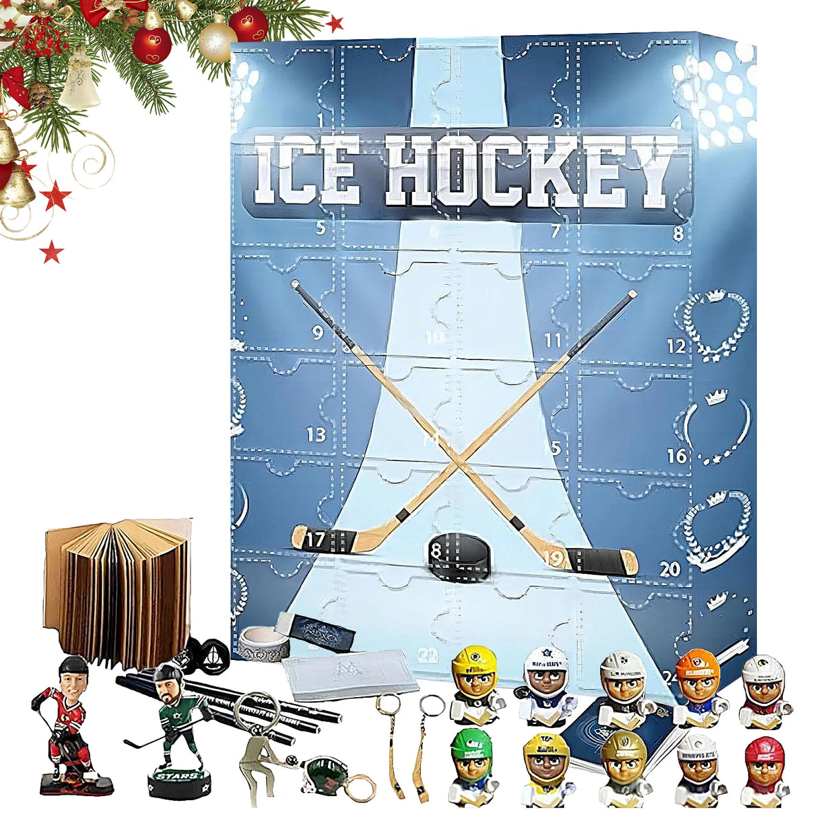 Ice hockey advent calendar with Dallas Stars-inspired player figures, small charms and surrounding scene props.