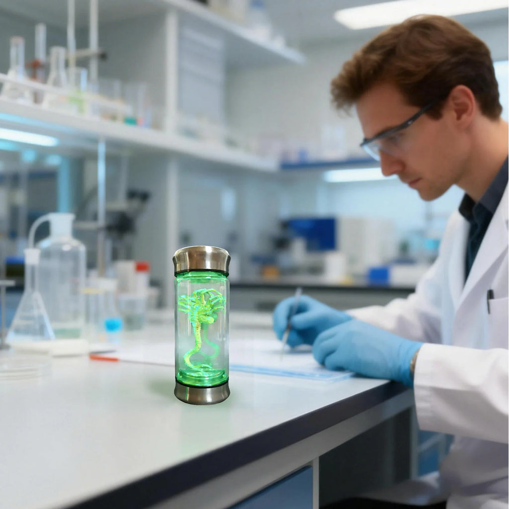 A themed setting presents illuminated specimen jar styled on a dark indoor display shelf, with the clear specimen jar, sculpted alien creature and green illumination clearly visible.