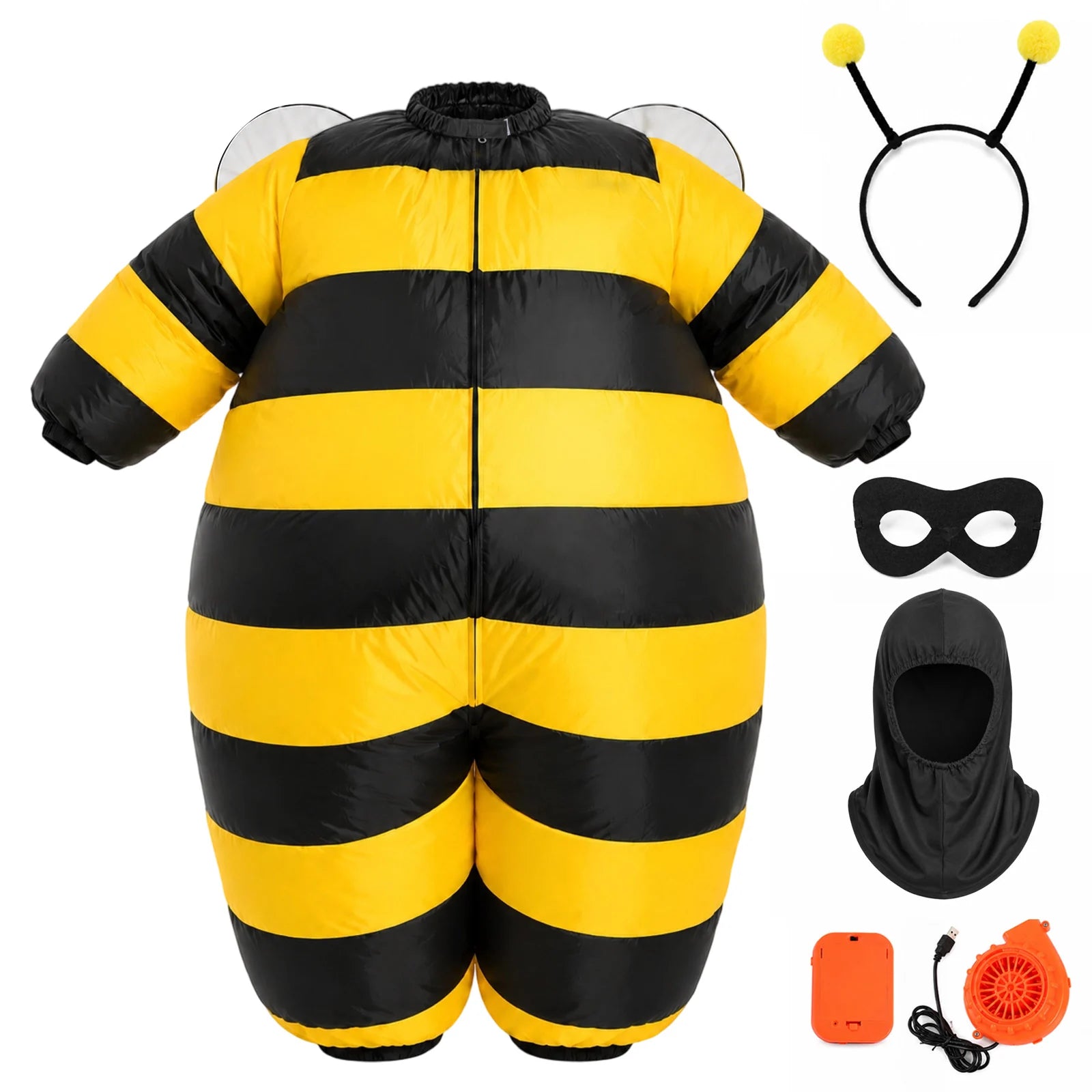 Back view of the striped bee costume shown with mask, hood, antennae and power parts