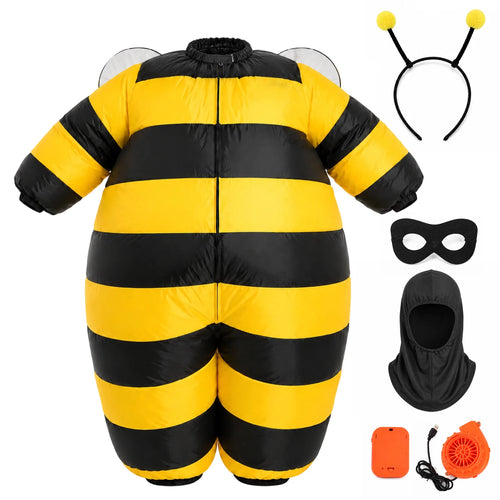 Back view of the striped bee costume shown with mask, hood, antennae and power parts