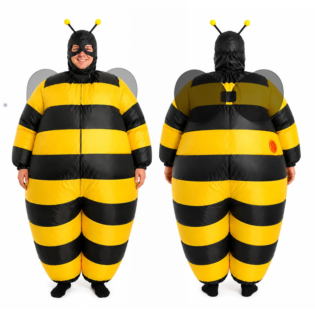 Front and back views show the striped bee body and black wings