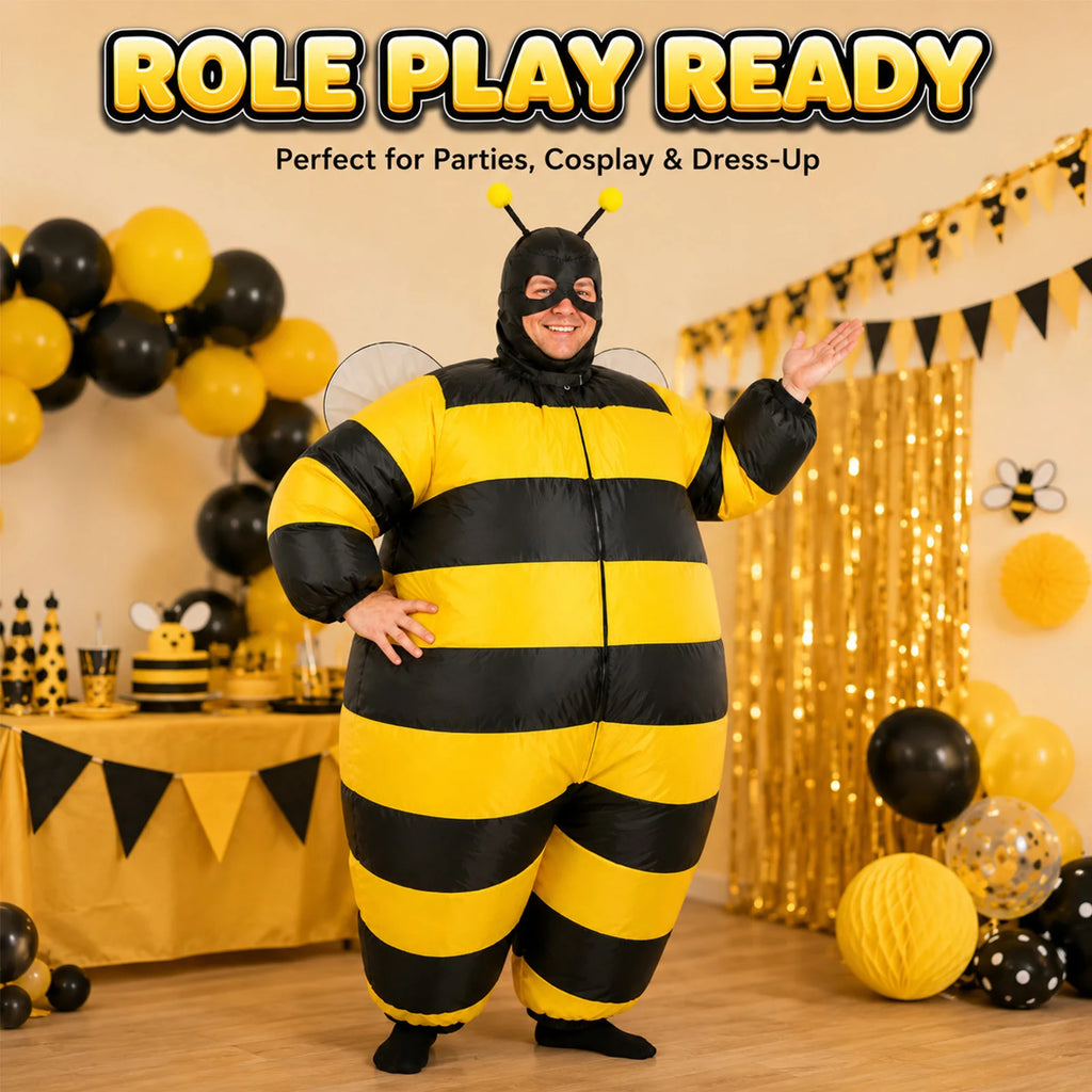 Bee costume set contents show the inflatable suit, fan, battery box, hood, mask and antennae