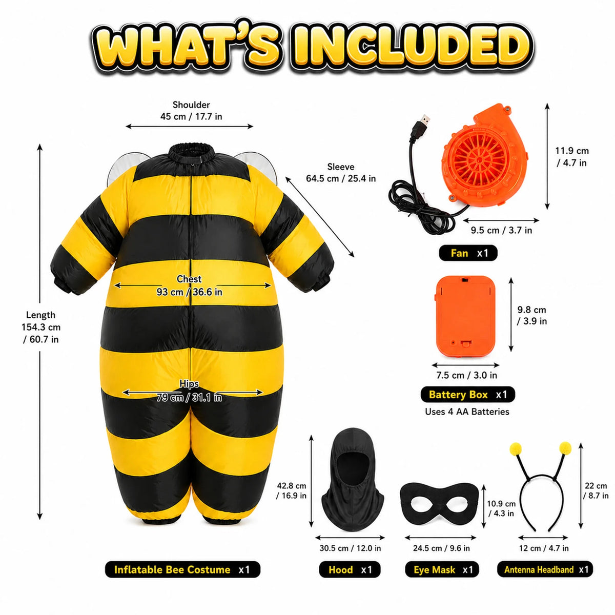 Paired front and back angles show the bee costume shape and wing placement