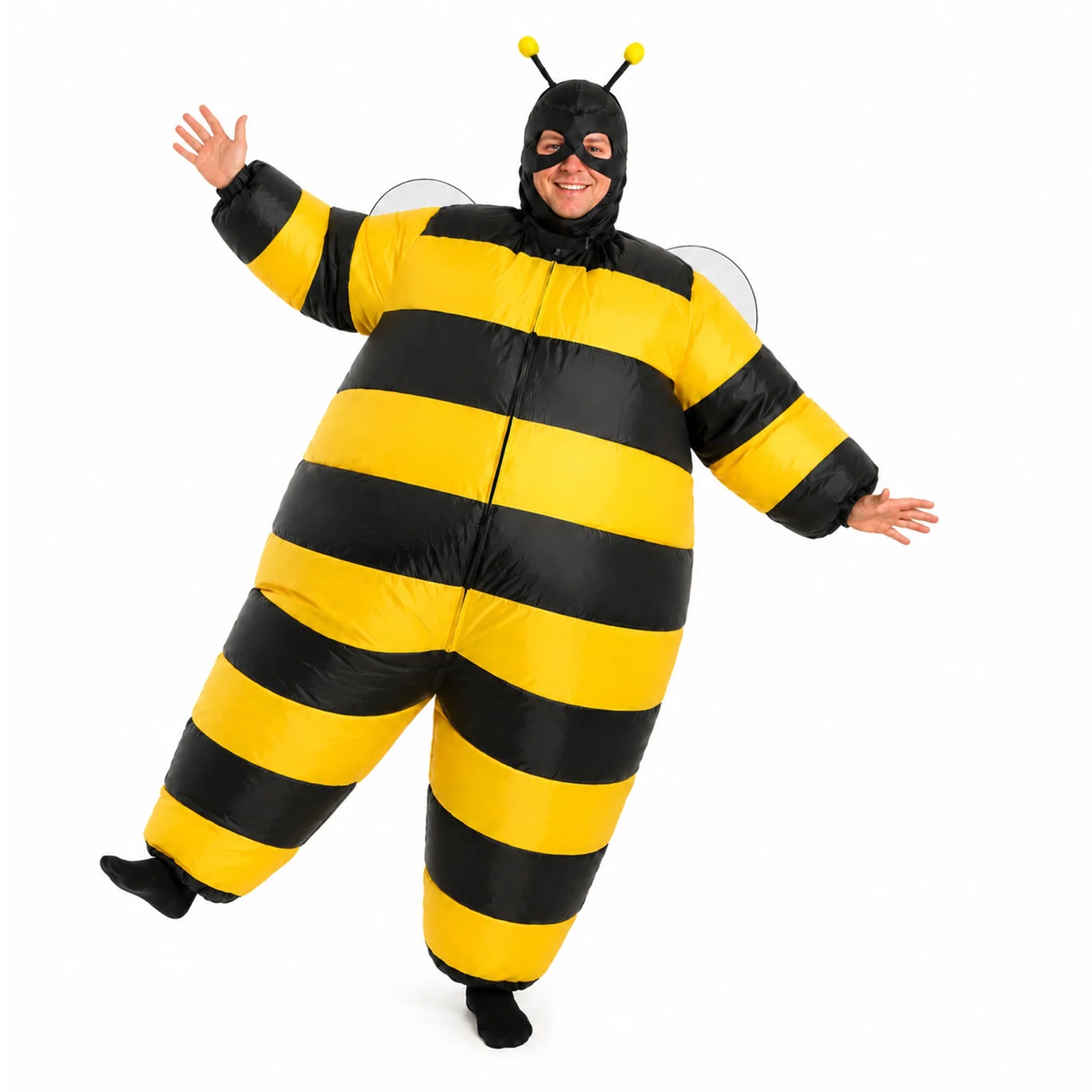 Adult lifts one leg while wearing the striped inflatable bee costume