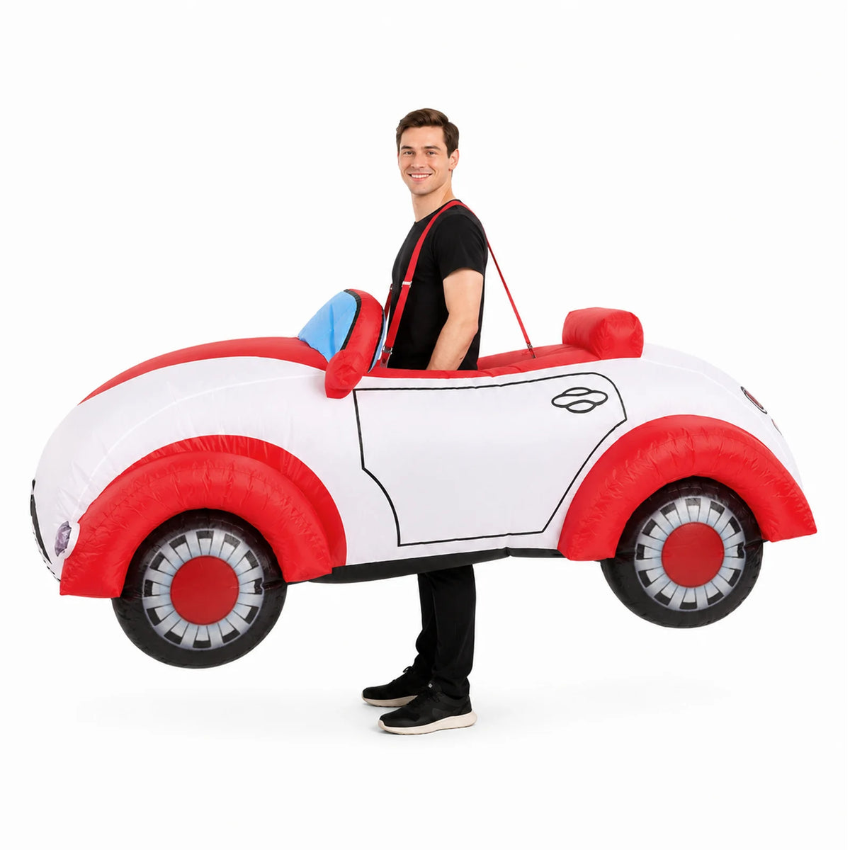 Side view of the inflatable car costume shows its printed doors and wheels