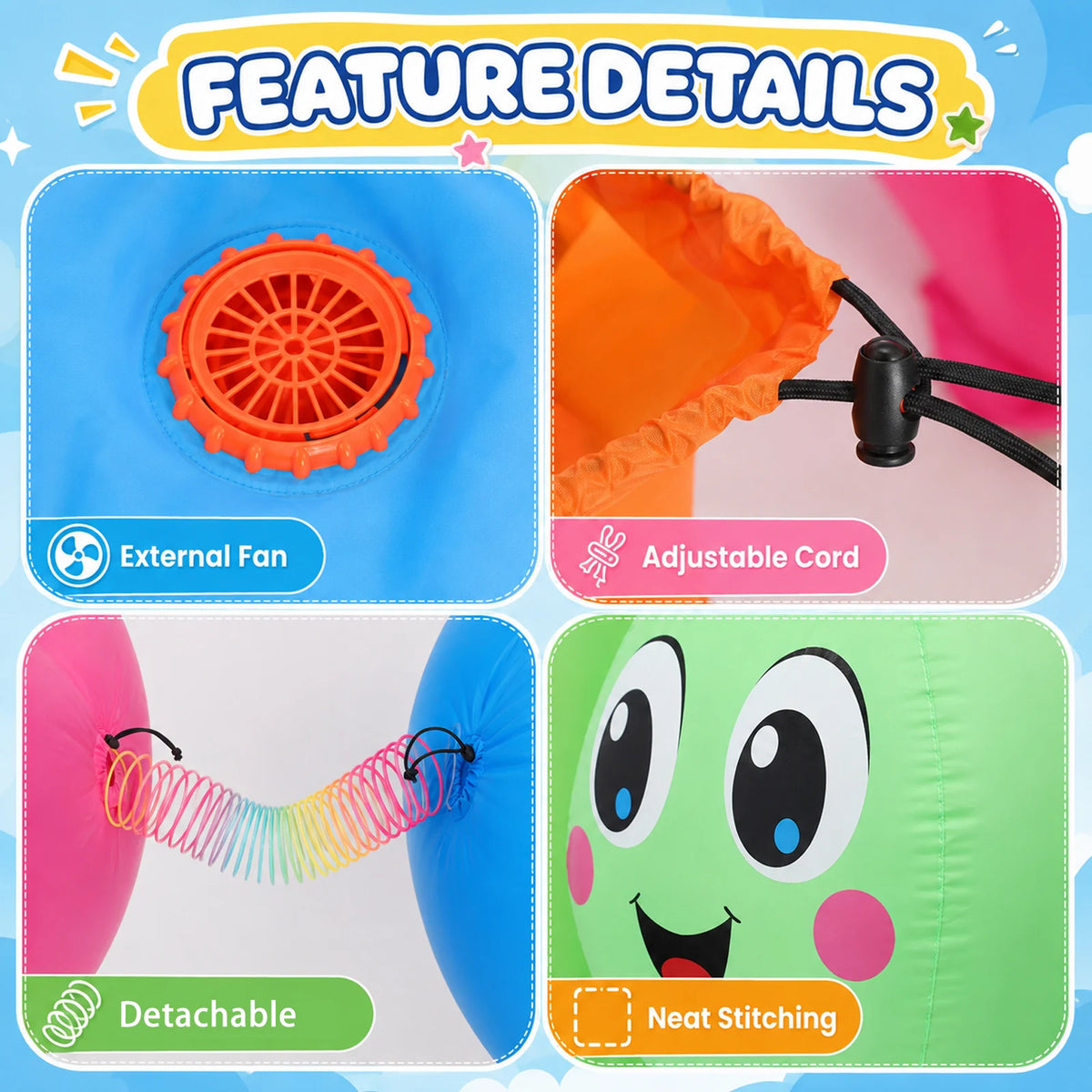 Close views of the external fan, adjustable cord, detachable connector and stitching
