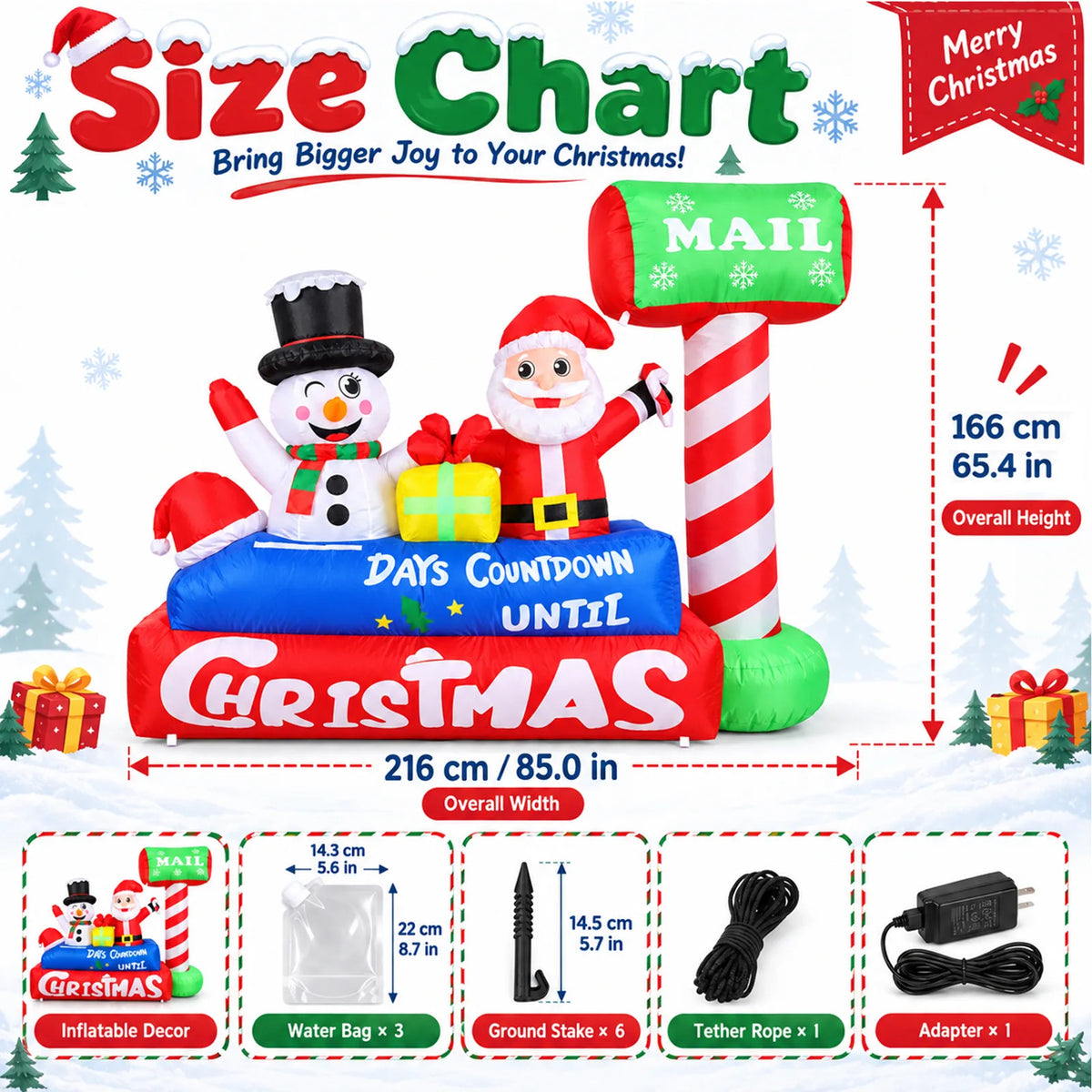 Size chart for the inflatable Christmas mailbox display with water bags, ground stakes, tether rope, and adapter.