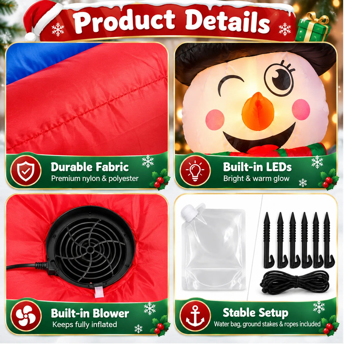 Close-up of the inflatable Christmas mailbox fabric, LED lights, built-in blower, and ground stakes.
