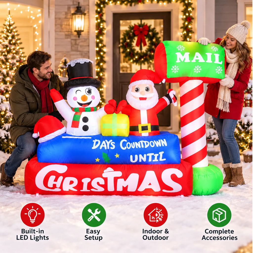 Inflatable Christmas mailbox countdown display with feature icons for LED lights, setup, and indoor or outdoor use.