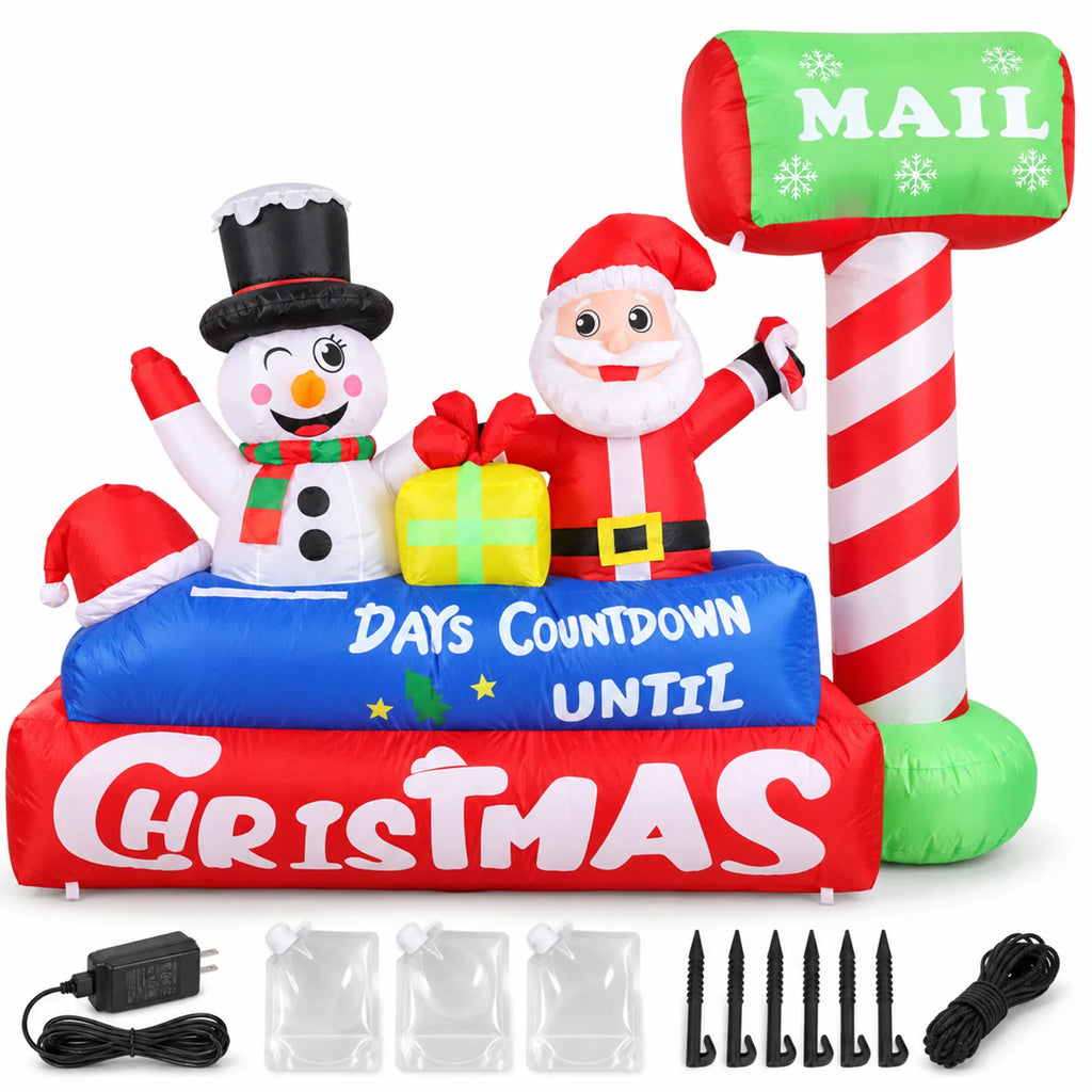 Inflatable Christmas mailbox countdown display with Santa and a snowman, plus the included setup accessories.