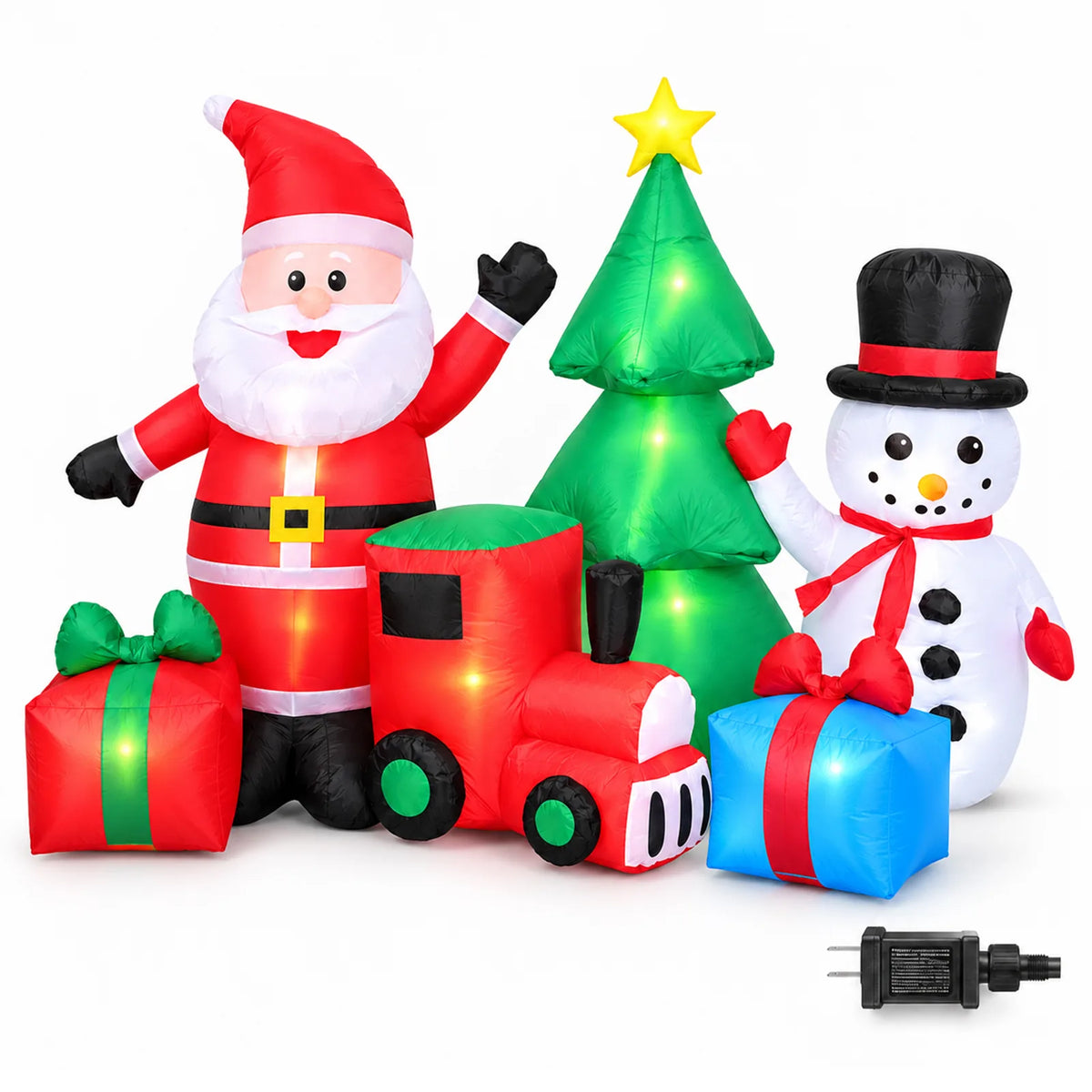 Inflatable Christmas yard display with Santa, snowman, tree, train, gifts, and the included adapter shown.