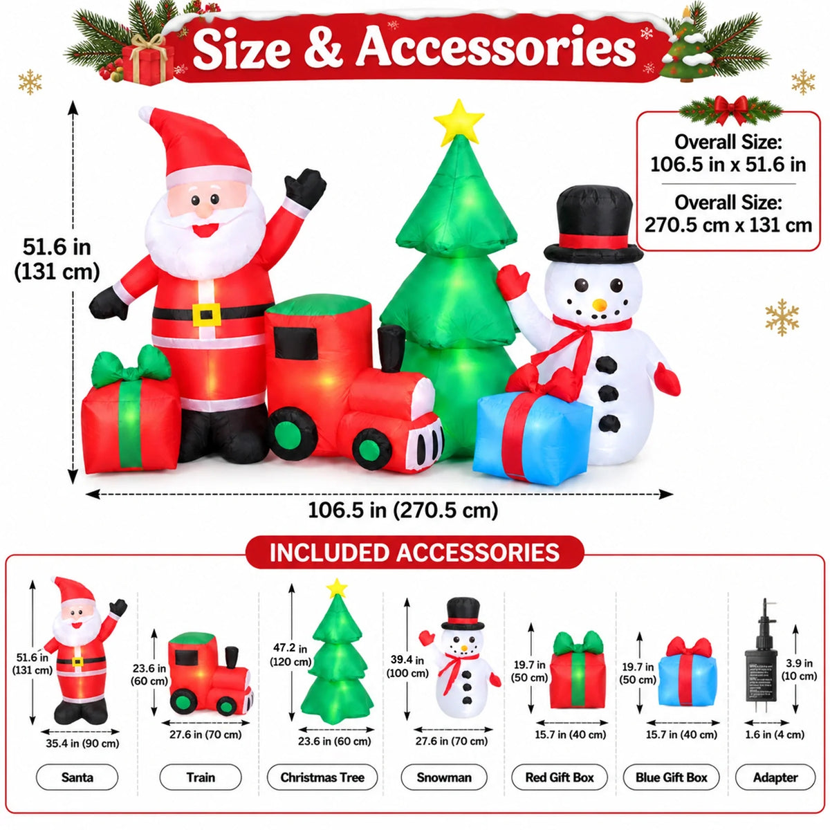 Size chart for the Christmas inflatable train display showing Santa, tree, snowman, gifts, and adapter dimensions.