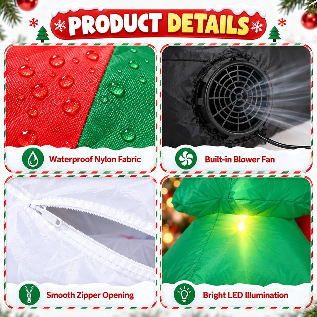 Close-up of the inflatable Christmas display fabric, built-in blower, zipper, and LED lighting.
