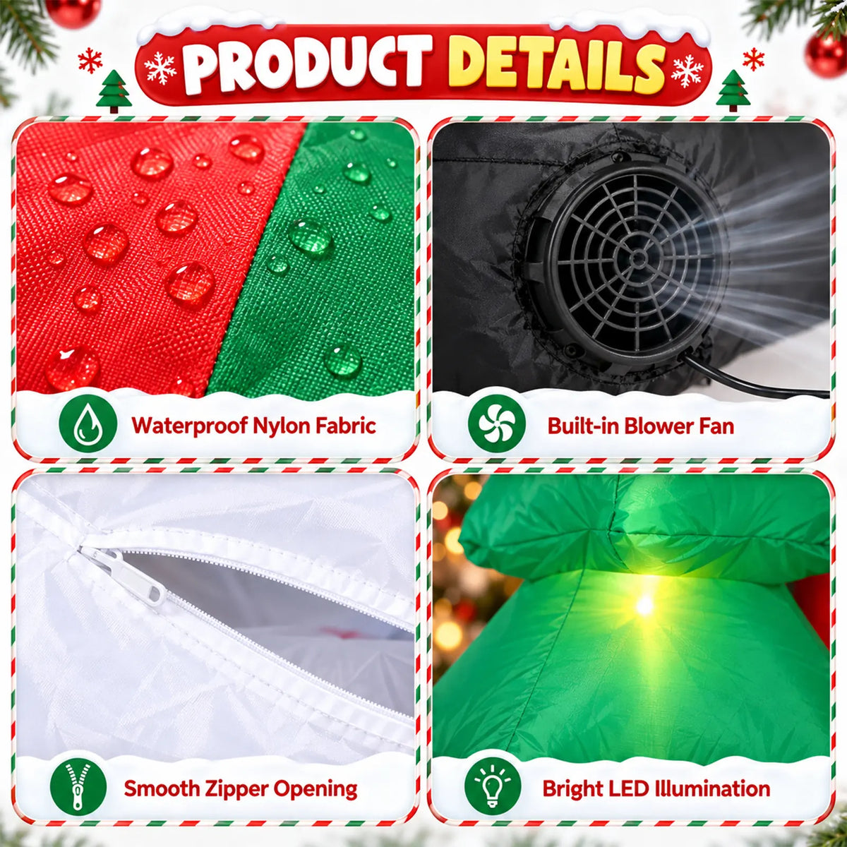 Close-up of the inflatable Christmas display fabric, built-in blower, zipper, and LED lighting.