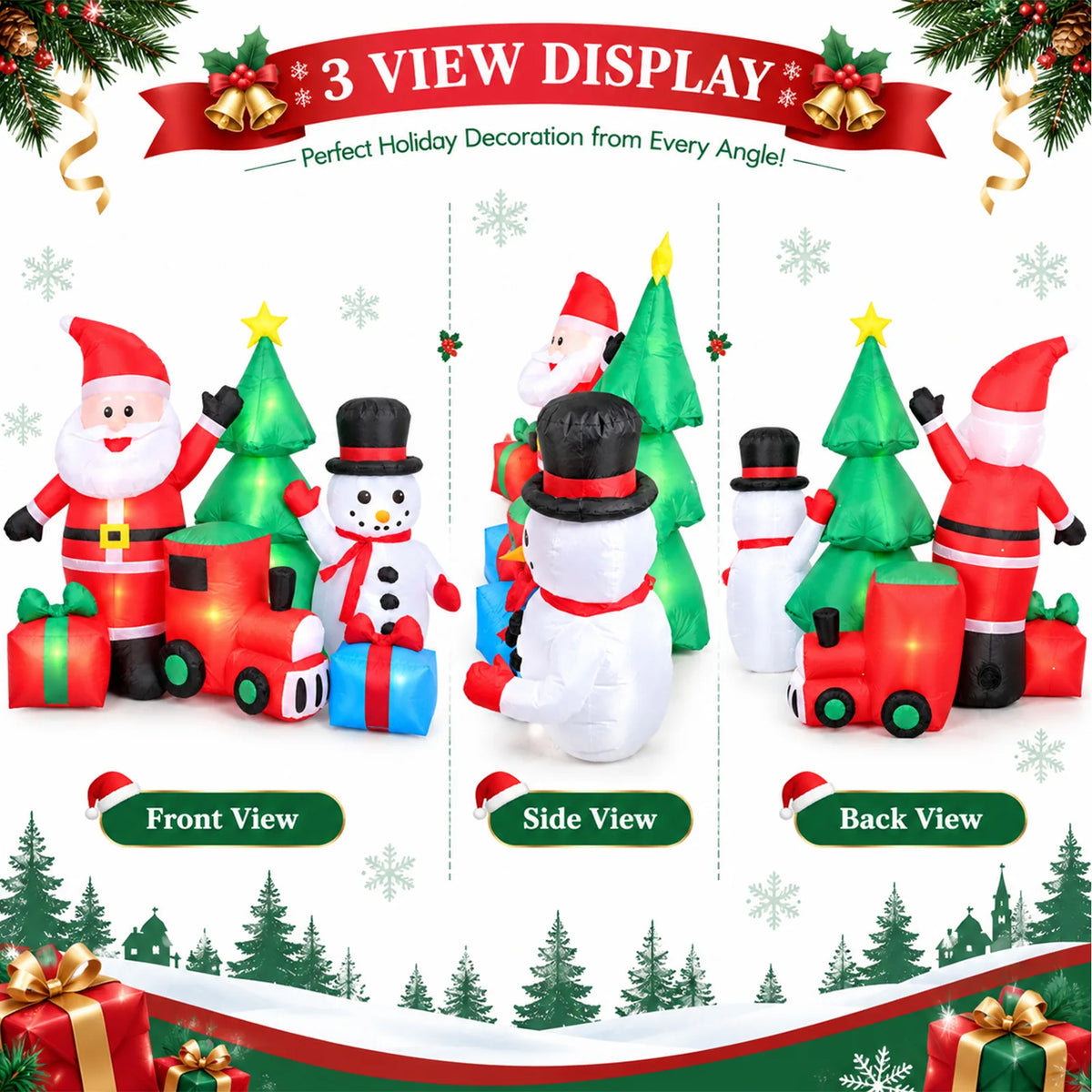 Front, side, and back views of the inflatable Santa, snowman, and train Christmas display.