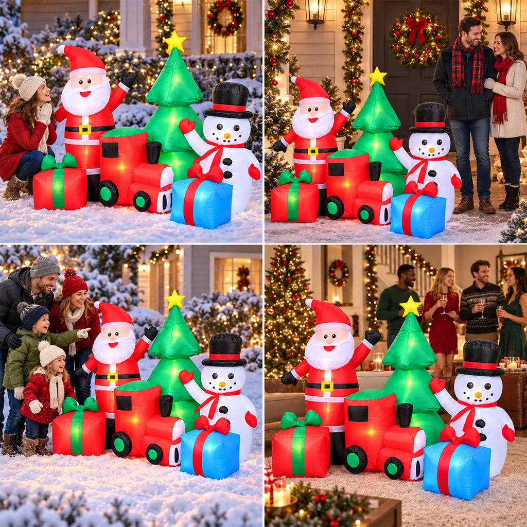 Inflatable Christmas display with Santa, snowman, tree, train, and gifts in several holiday settings.