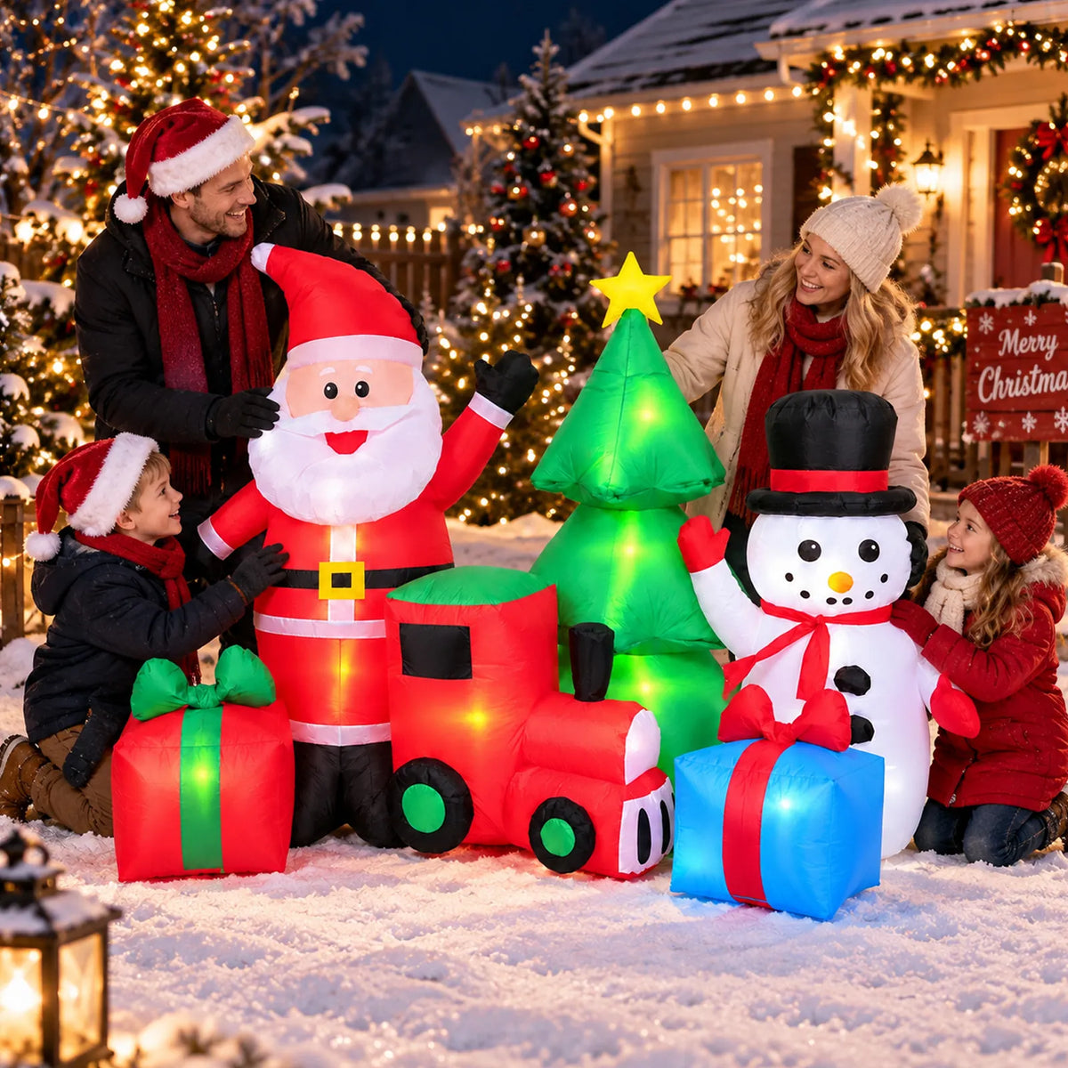 Inflatable Santa, snowman, train, tree, and gifts displayed in a snowy Christmas yard.