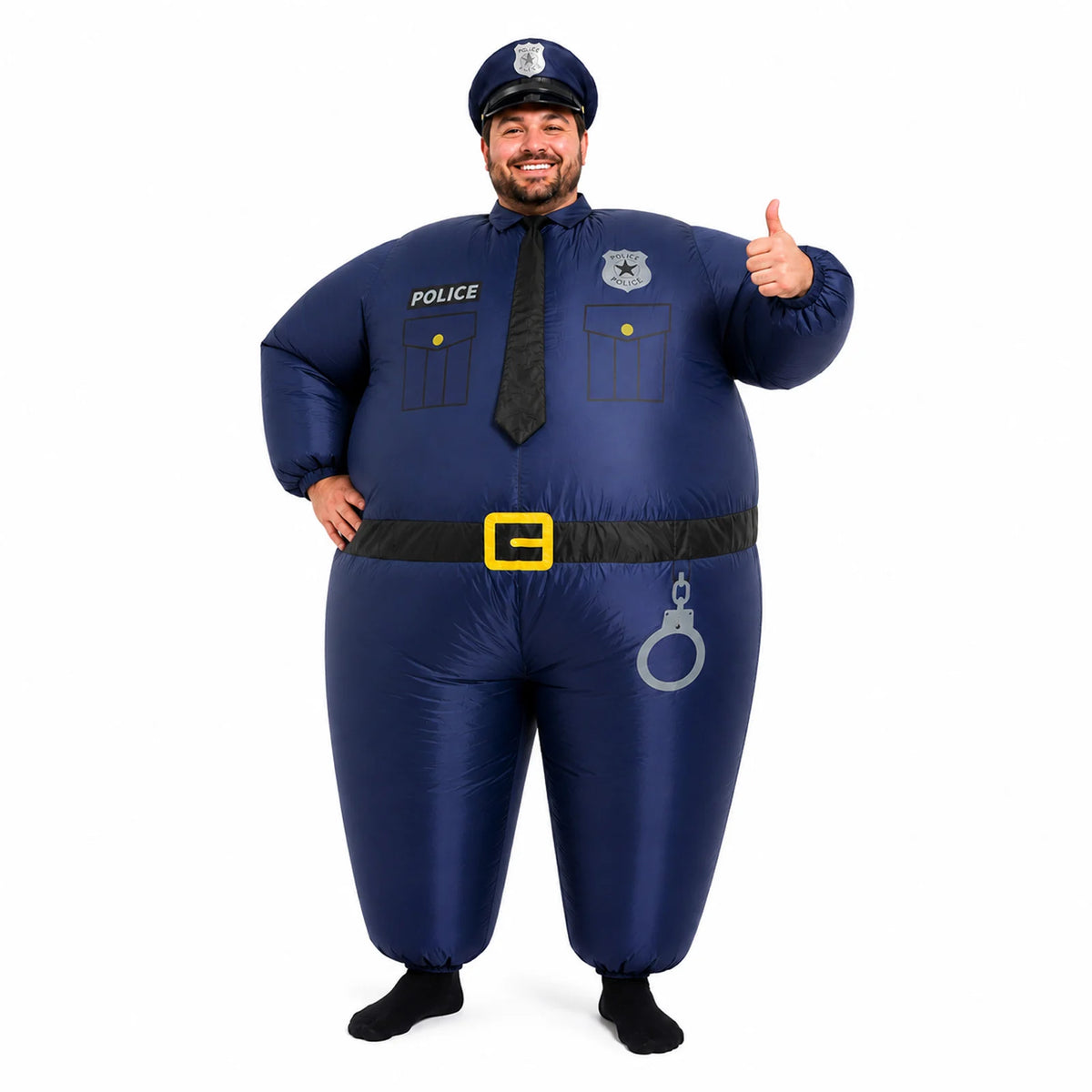 Inflatable cop costume showing broad shoulders, rounded body and printed uniform graphics