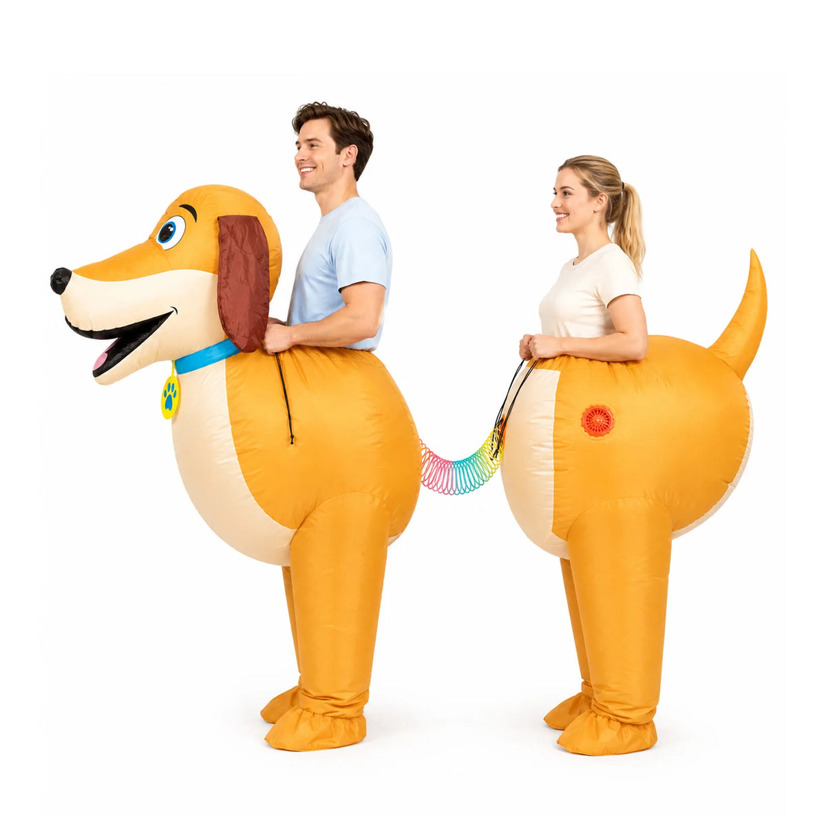 Side view of the inflatable dachshund costume shows two wearers, the rainbow middle connector and the raised tail.