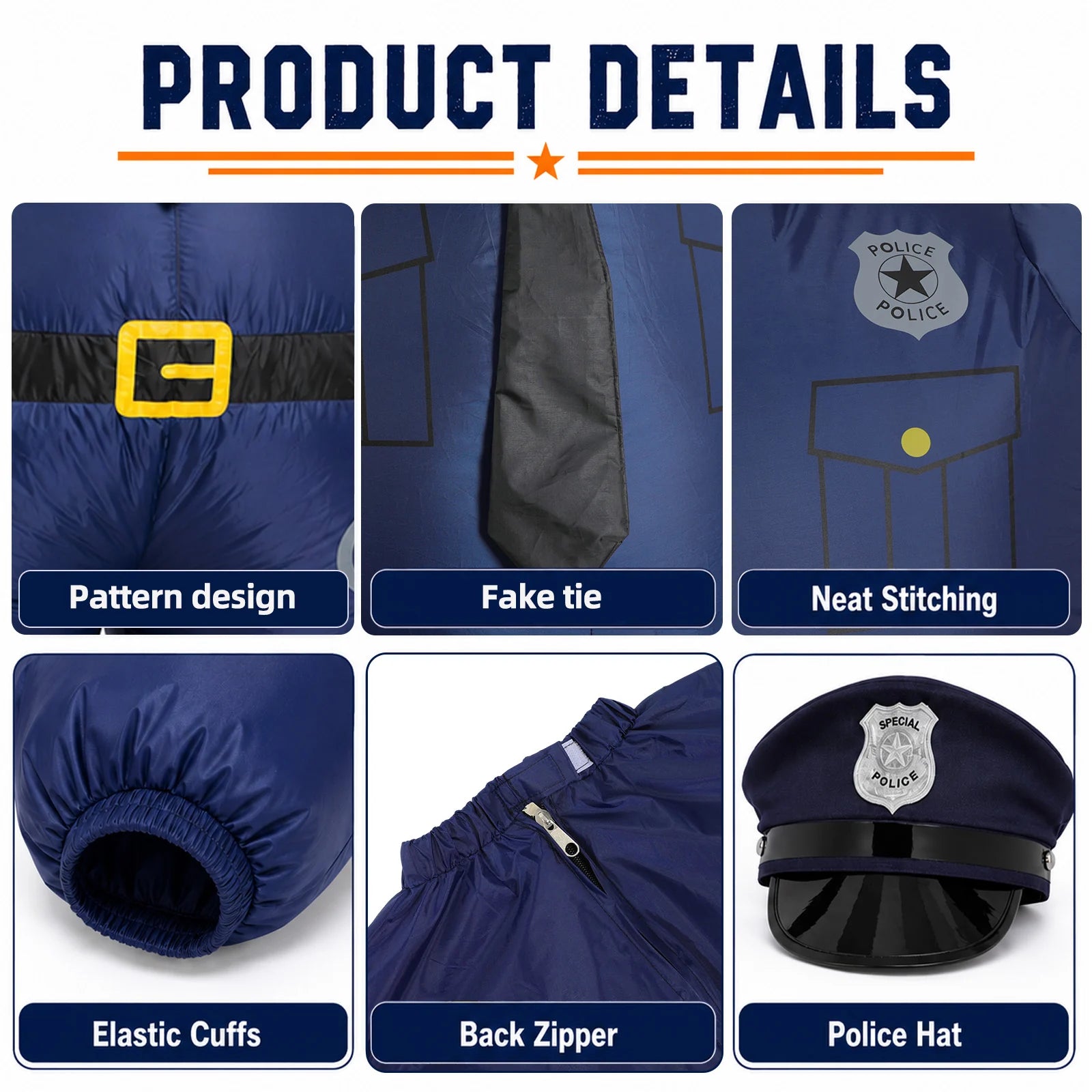 Close views of police costume graphics, elastic cuffs, back zipper and matching cap