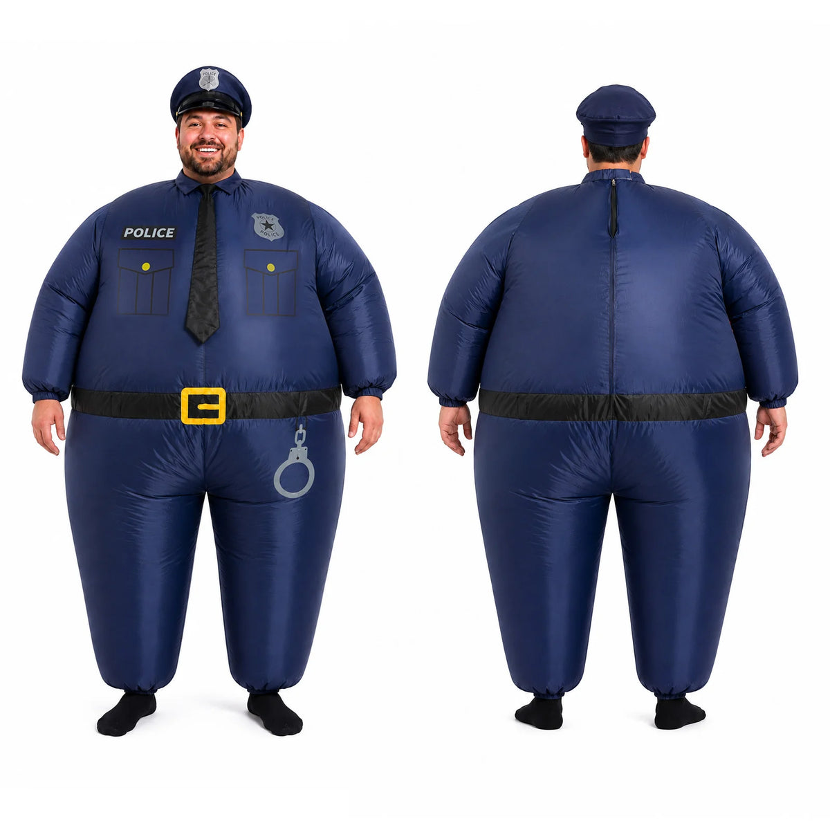 Front and back views of the inflatable police costume showing its rear zipper