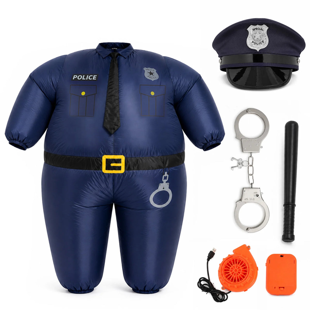 Blue inflatable police uniform shown with cap, baton, handcuffs, fan and battery box