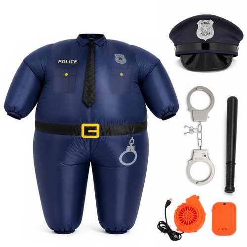 Blue inflatable police uniform shown with cap, baton, handcuffs, fan and battery box