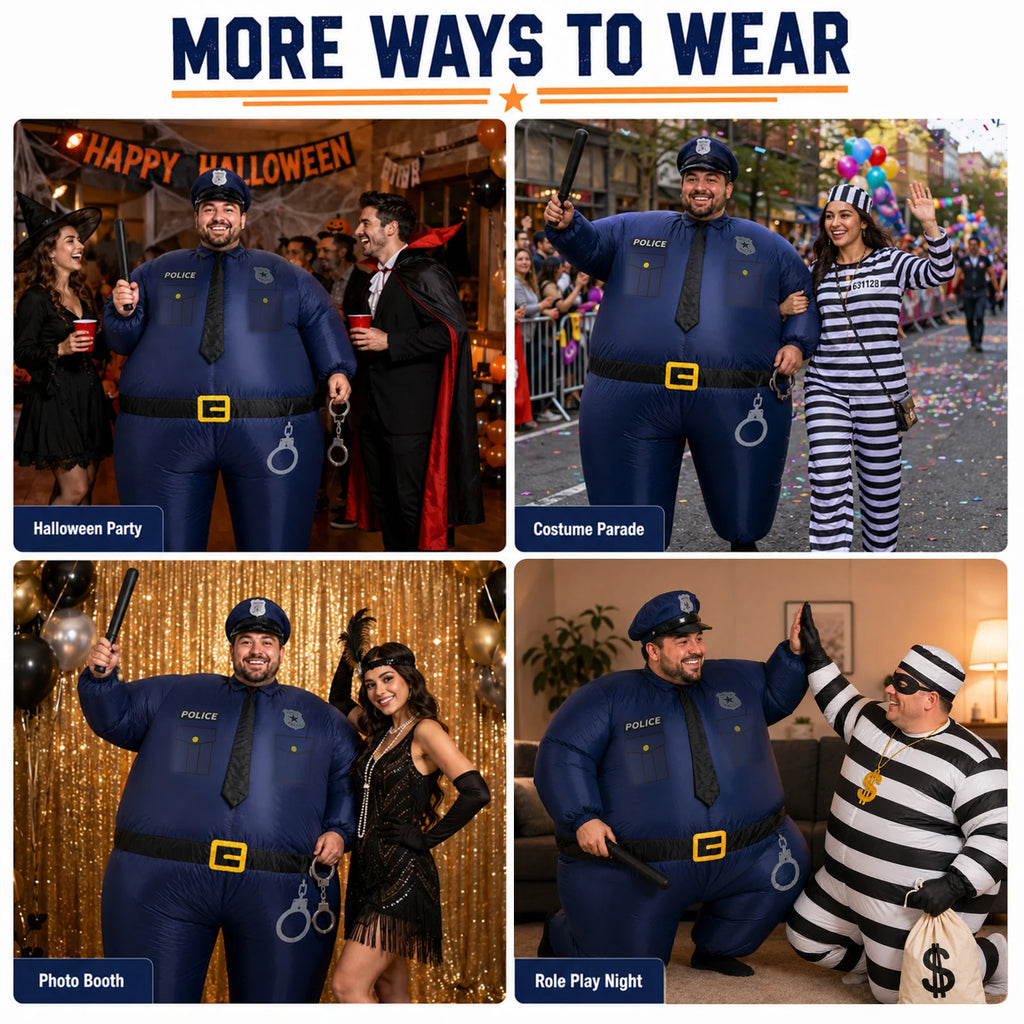 Inflatable police costume worn at Halloween parties, parades, photo booths and role-play events