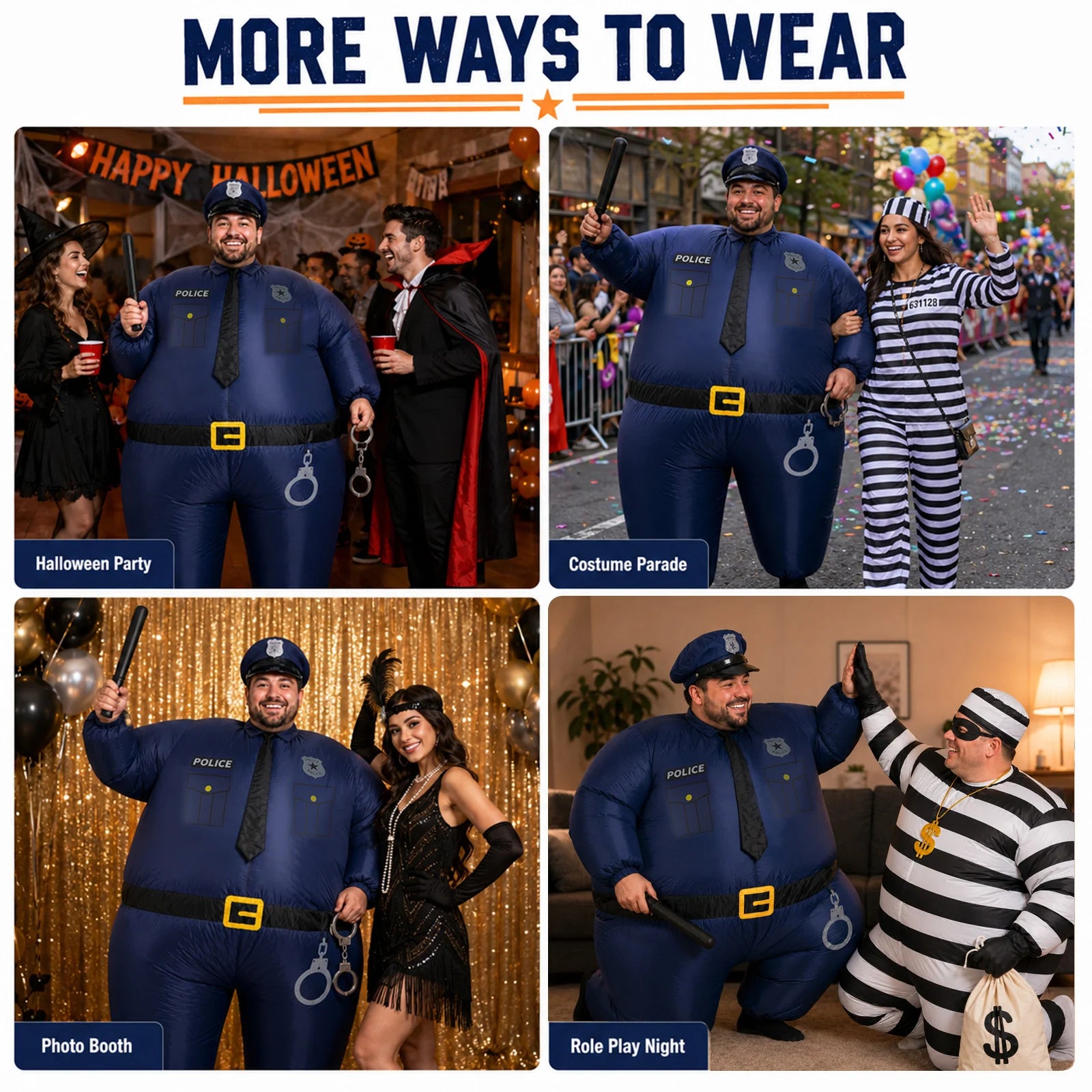 Inflatable police costume worn at Halloween parties, parades, photo booths and role-play events