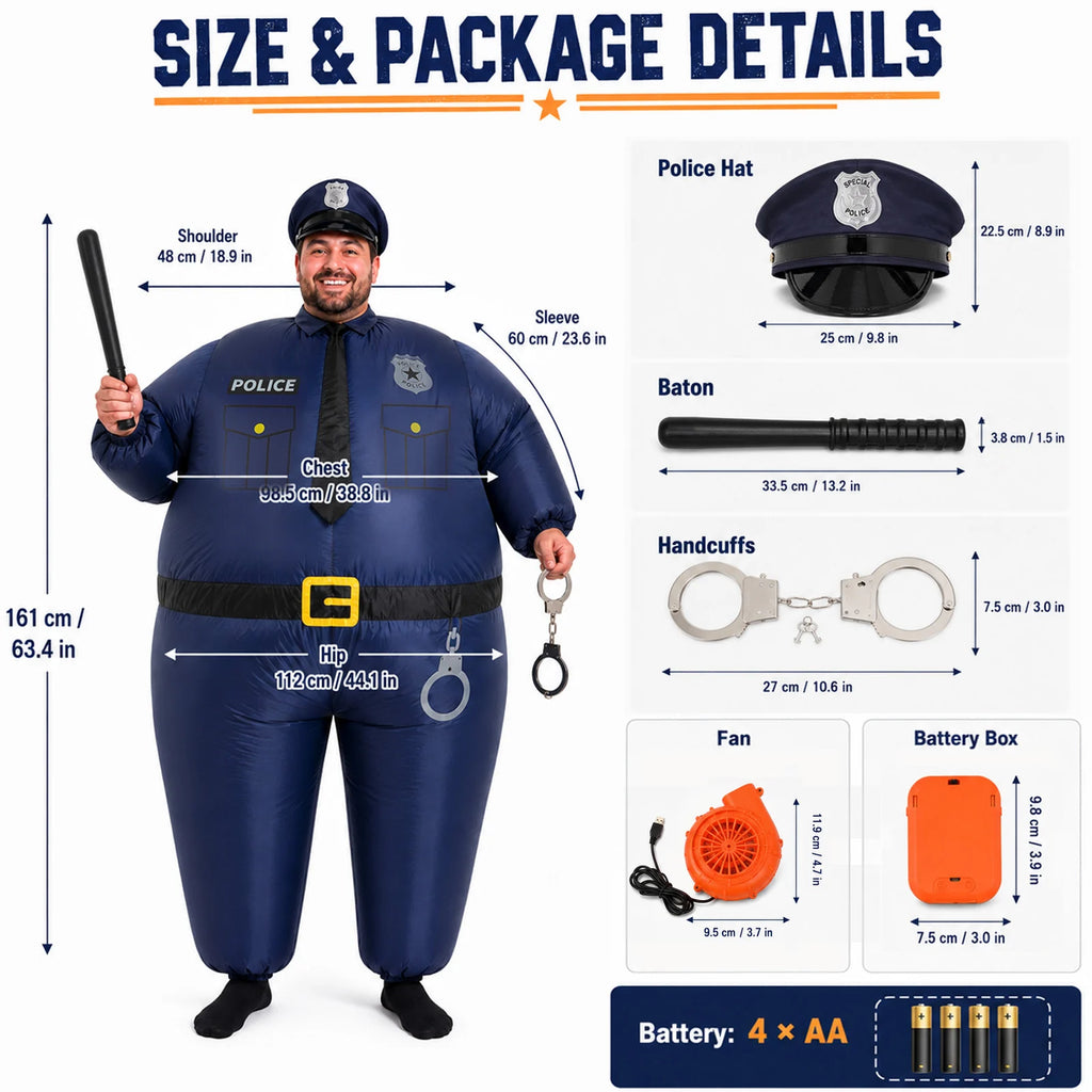 Inflatable police costume measurements and package components labeled in inches and centimeters