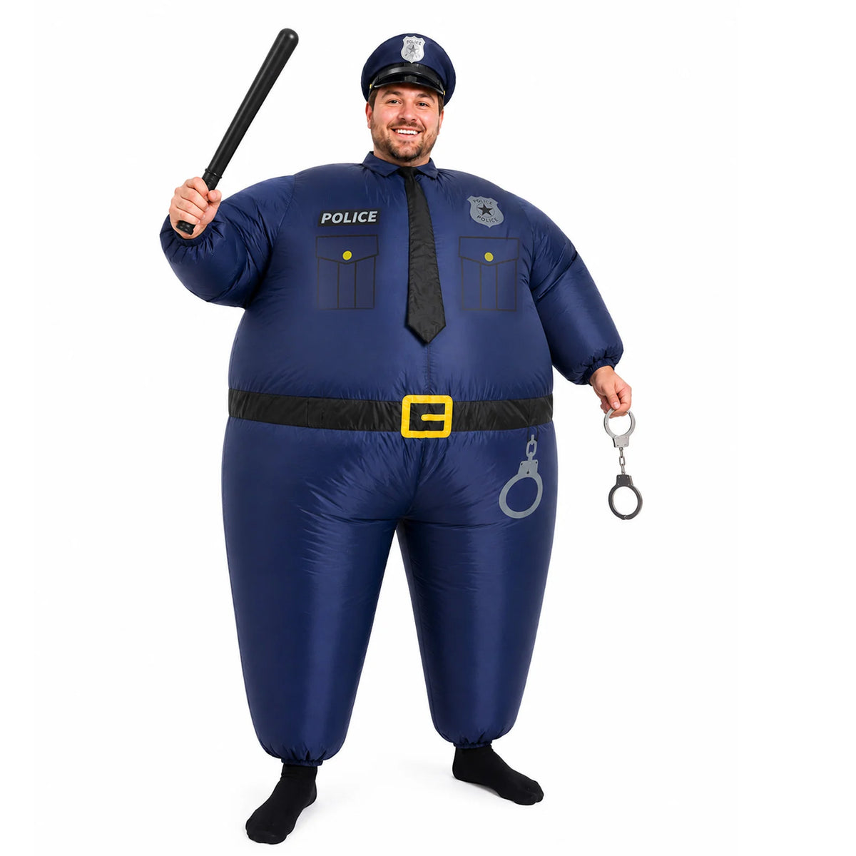 Adult wearing a blue inflatable police officer costume with baton and handcuffs