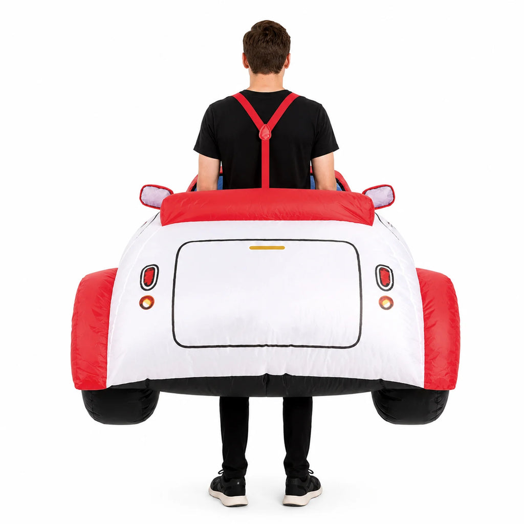 Rear view shows the red seat shape, printed lights and shoulder straps