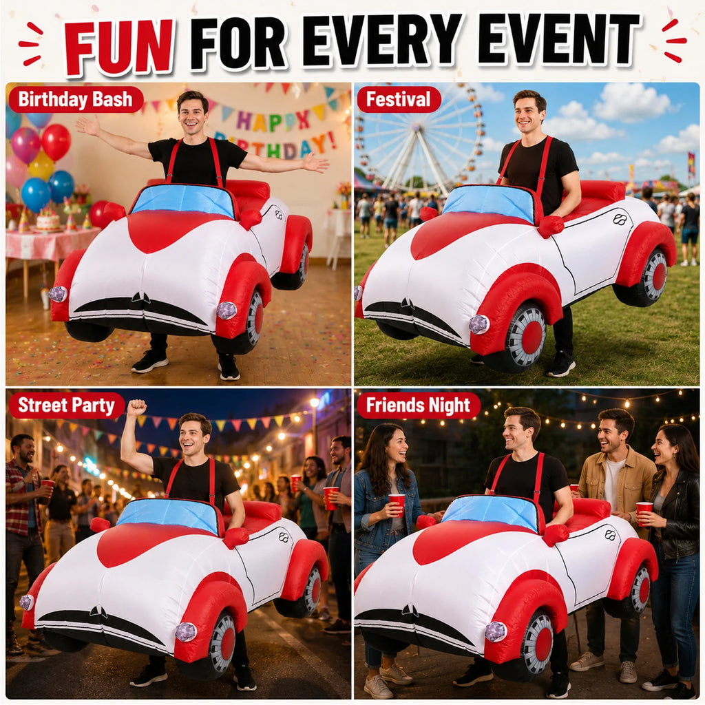 Inflatable race car costume shown at birthdays, festivals, street parties and friendly nights